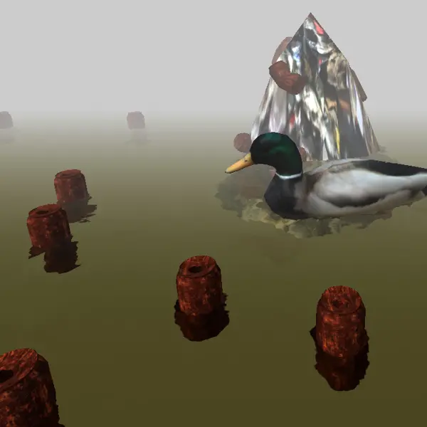 CGI duck floating in polluted water surrounded by garbage